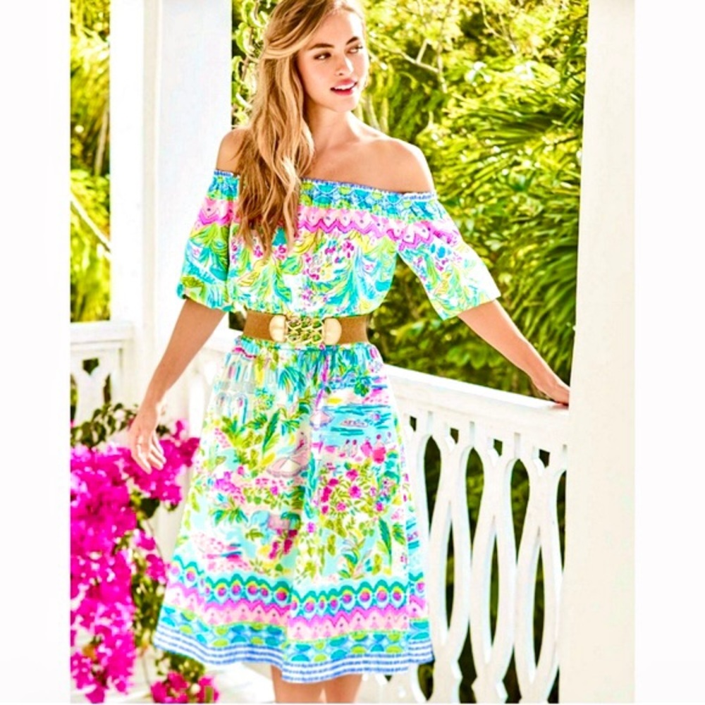 Lilly Pulitzer Strapless Tropical Print Midi Dress in Aqua, Pink & Green